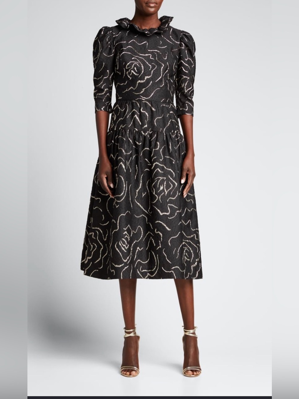 RICKIE FREEMAN FOR TERI JON Rose Jacquard Ruffle-Neck Midi Dress EUC